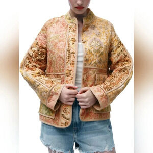 CeCe Women's Cropped Puffer Jacket Lightweight Floral Print Long Sleeve Padde